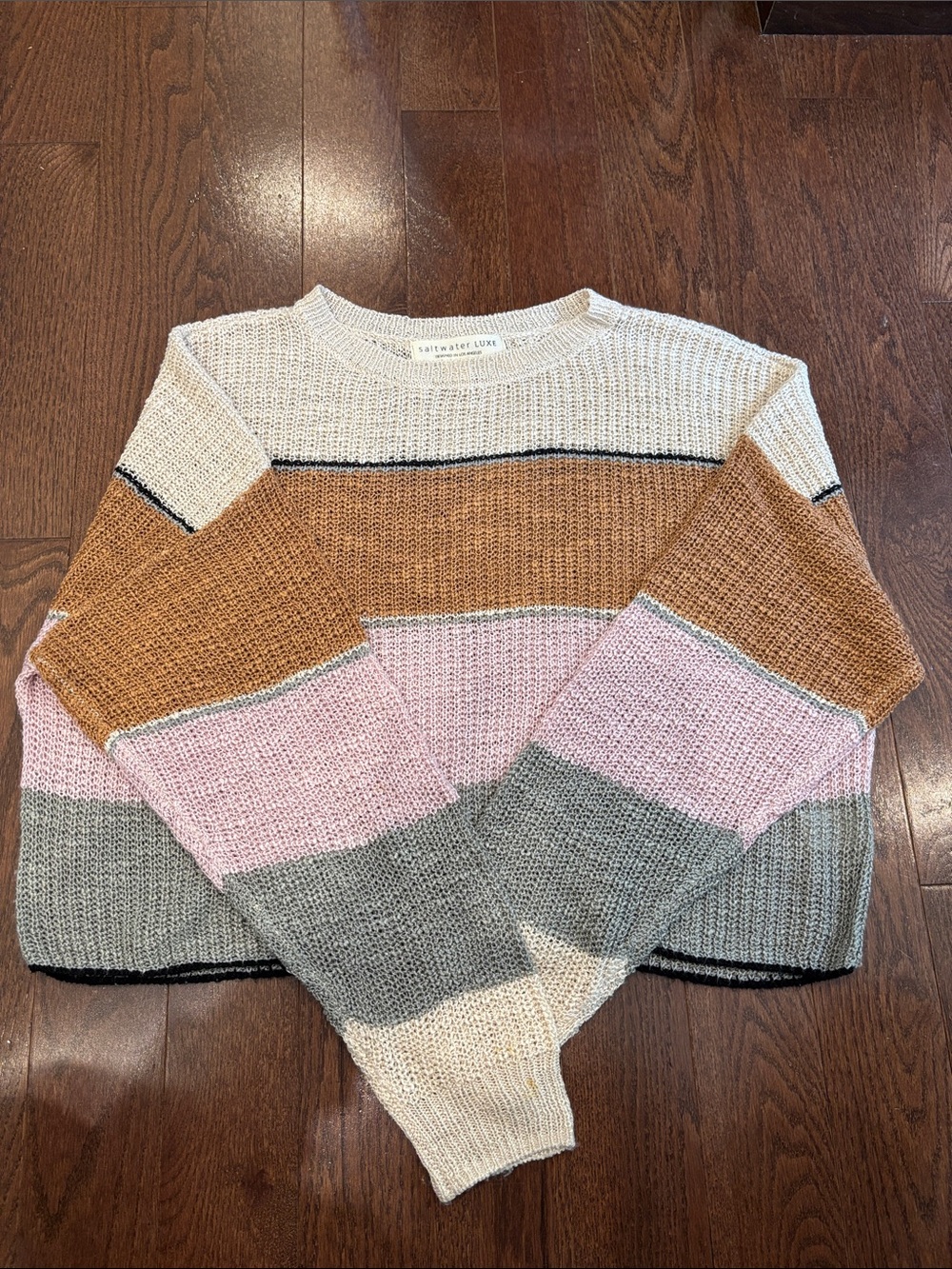 saltwater LUXE Striped Colorblock Crewneck Sweater - Cream, Tan, Pink, Gray